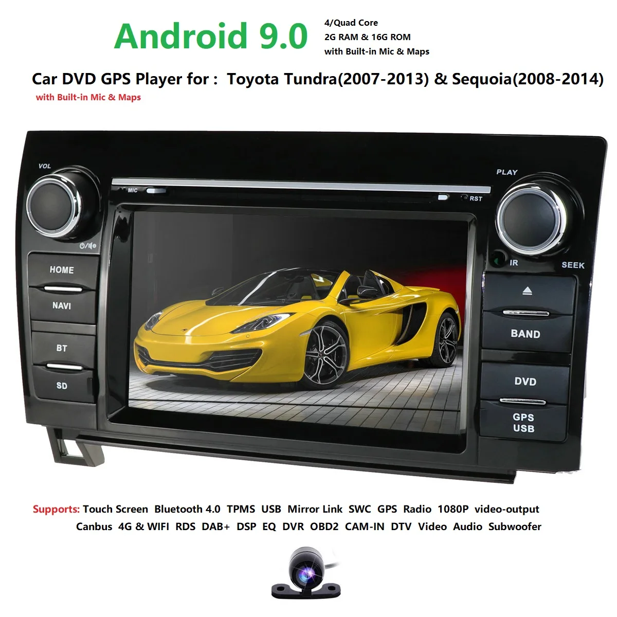 Perfect 7inch 2 Din Quad Core Android 9.0 voiture DVD GPS forToyota toundra Sequoia 2008-2013 Radio stéréo 4G WiFi OBD DVR DAB + 4