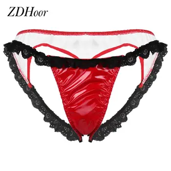 

Womens Sexy Panties Wet Look Patent Leather Lingerie Low Rise Heart Shaped Open Butt Lace Trim G-string Briefs Underwear