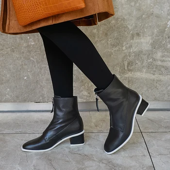 

Genuine Leather Women Ankle Boots 2020 Spring Autumn New square Toe Basic Chelsea Boots size 41 42 43