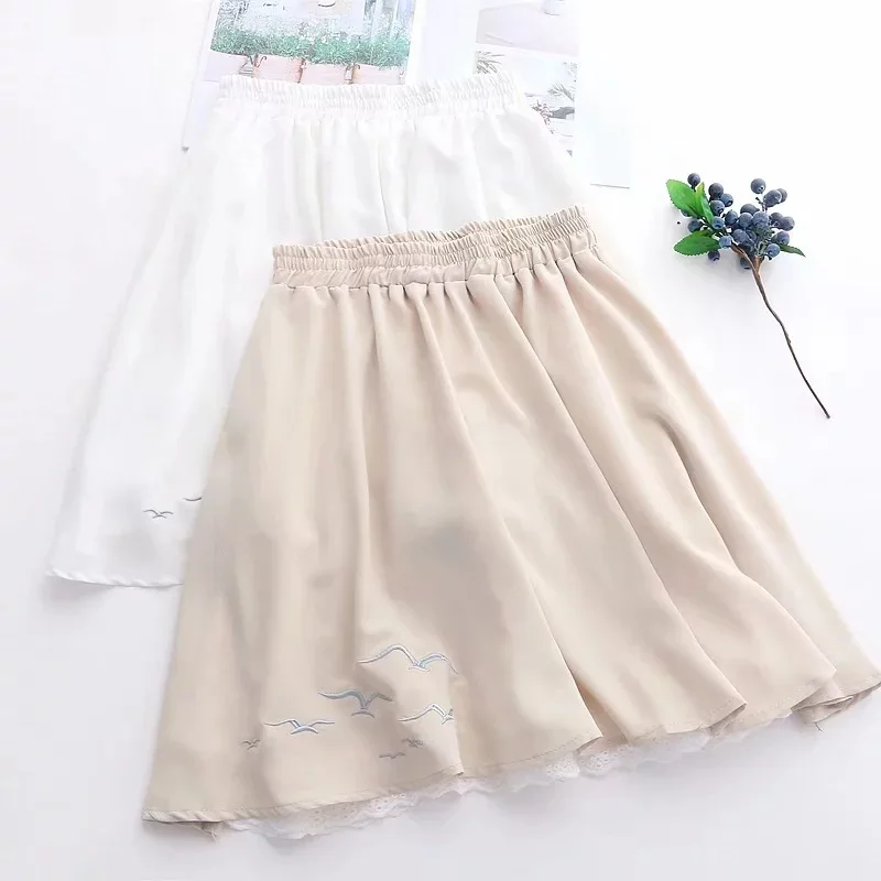 

Japanese-style Mori Girl 19 Summer New Style Slim Fit Solid Color Simple Seagull Embroidered College Style Viscose Crepe Materia