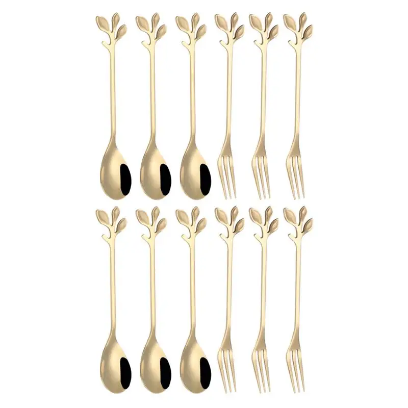 Juego de cuchara y tenedor para postre, cuchara mezcladora de acero inoxidable, tenedores para pastel, fruta para cocina casera, 12 Uds.