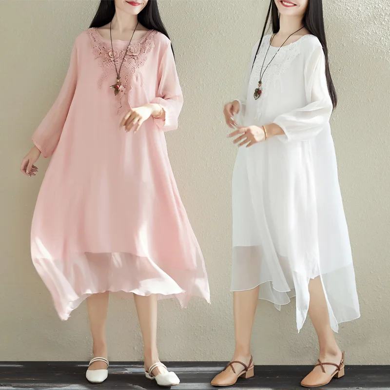 

Photo Shoot 2019 Spring And Summer New Style Loose-Fit Literature And Art Elegant Chinese-style Real Silk Crepe Large Size Dress