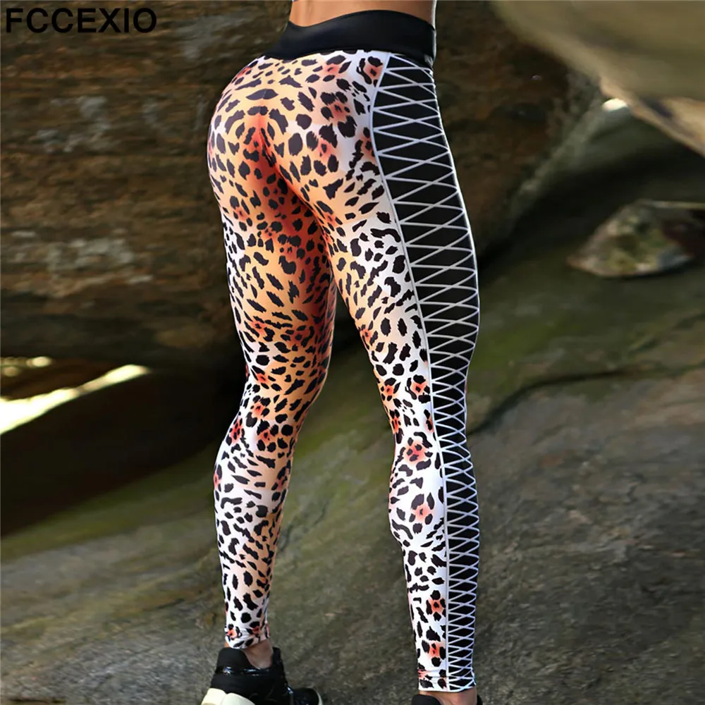 FCCEXIO Leopard Stripe 3D Print Women's Pants Push Up Running Sports Leggings Slim Pants Female Casual Trousers Fitness Leggings seasum leggings Leggings