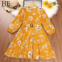 HE Hello Enjoy vestido con estampado de flores para niñas, cinturón de hebilla cuadrada, manga larga, primavera 2022, 6, 8, 13Y