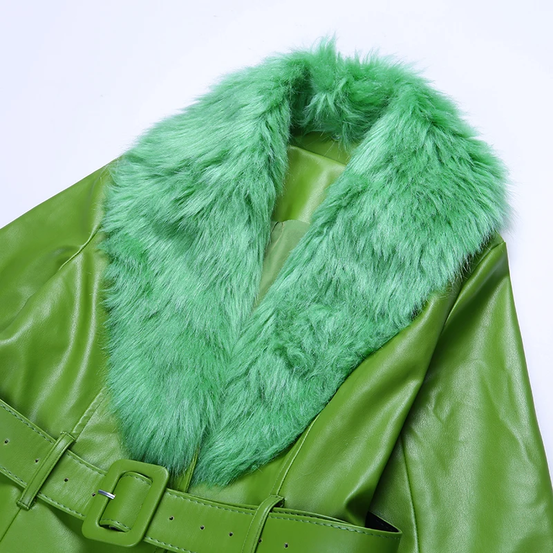 WannaThis Faux Leather Fur Coat Women With Belt Warm Thick Outwear PU Leather Streetwear Female Elegant Outwear Long Coat Green