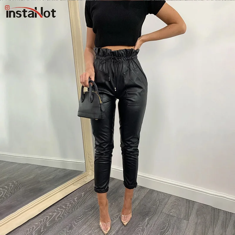 InstaHot брюки-карандаш из искусственной кожи с высокой талией, Капри, женские уличные повседневные брюки, осень, шикарные черные брюки