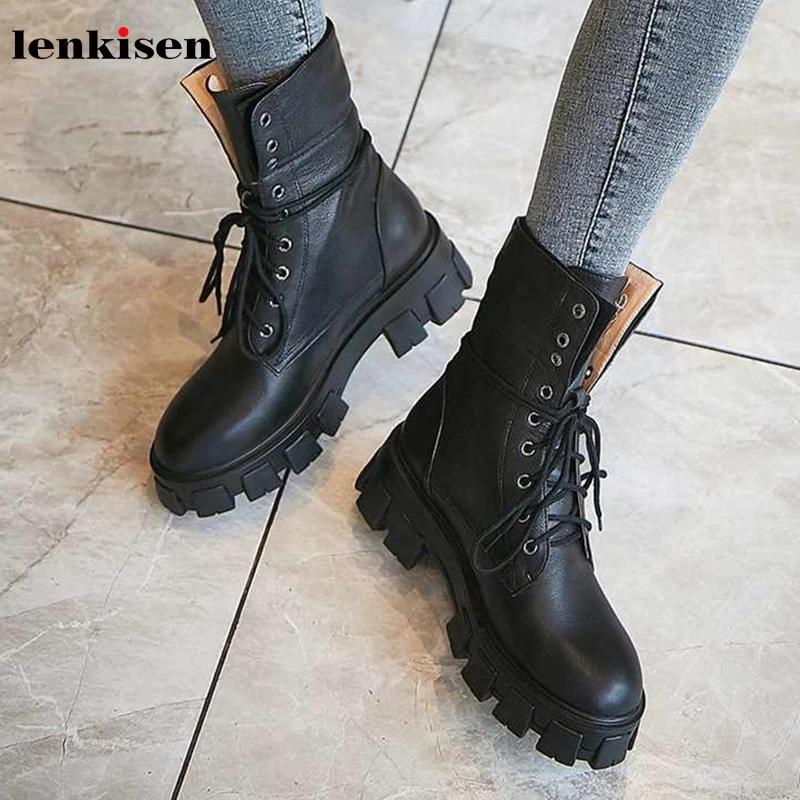 

Lenkisen handsome motorcycles boots genuine leather rivets round toe thick bottom winter keep warm women lace up ankle boots L49