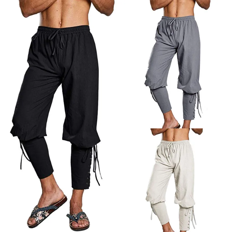 

2020 Fashion Men Pants Hip hop breathable cotton and linen Trousers Solid Color Drawstring Cross Strap Leisure Loose Sweatpants