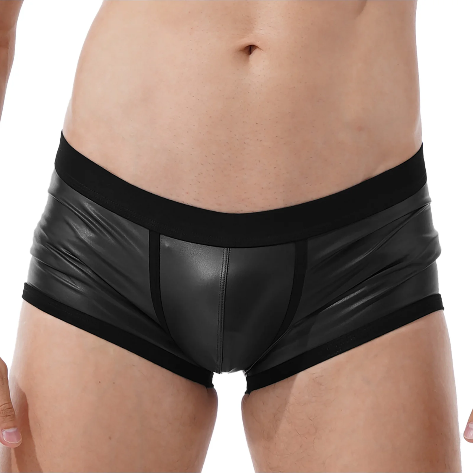 

Sexy Mens Faux Leather Boxer Shorts Male Swimming Trunks Swimwear Bulge Pouch Elastic Waistband Underpants for Stage Performance