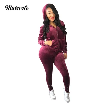 

Mutevole Autumn Casual Velvet Tracksuit Sets for Women Solid Velour Fitness Set Workout Zipper Hooded Two Piece Pants Outfits