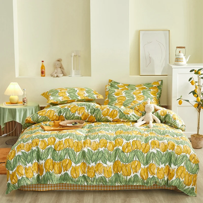 

4pcs Winter Bedding Set Flower Printed Bed Sheet Soft Flat Sheet Double Side Bed Cover Quilt Cover Queen Size Duvet Cover