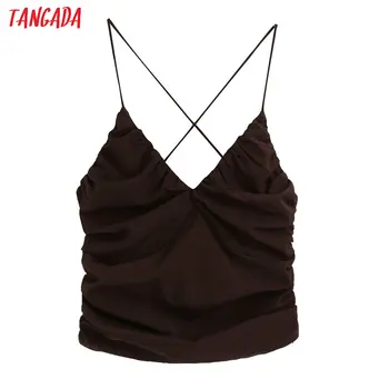 

Tangada women sexy pleated V neck camis crop top spaghetti strap sleeveless backless short shirts female casual solid tops BE352