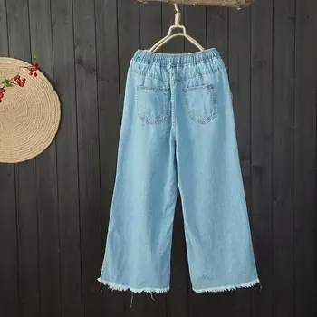 

2018 Summer New Style Light Blue Elastic Waist Flash Trousers Slit Cowboy Capri Wide Leg Pants Female