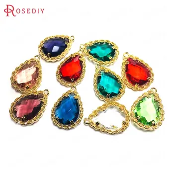 

(38201)6PCS 10x14MM 24K Champagne Gold Color Brass and Glass with Lace Frame Drop Shape Charms Pendants Diy Jewelry Findings