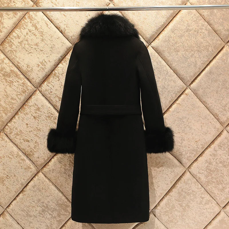 Шерстяная Женская куртка зима стиль приталенный большой меховой воротник длинное плотное шерстяное пальто