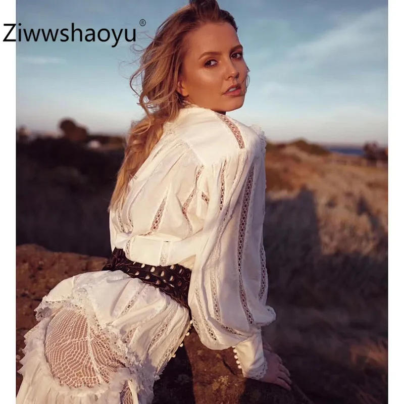 

Ziwwshaoyu Elegant Hollow Out Embroidery White Cotton Blouse Shirt Women Designer Brand Lantern Sleeve Sexy Blouse Shirt Tops
