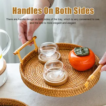 

Rattan Storage Tray Round Basket with Handle Hand-woven Rattan Tray Wicker Basket Bread Fruit Breakfast Display Kitchen Tools