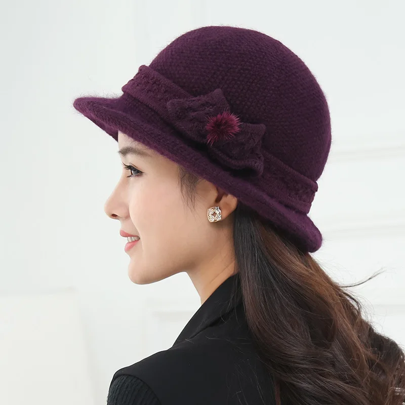 Purple Dilidala, вязаная меховая шапка, женская шапка, дикая, осень, зима, мех кролика, шерсть, теплая шапка, толстая, плюс бархат, для молодых мам, шапка для бассейна - Цвет: Purple