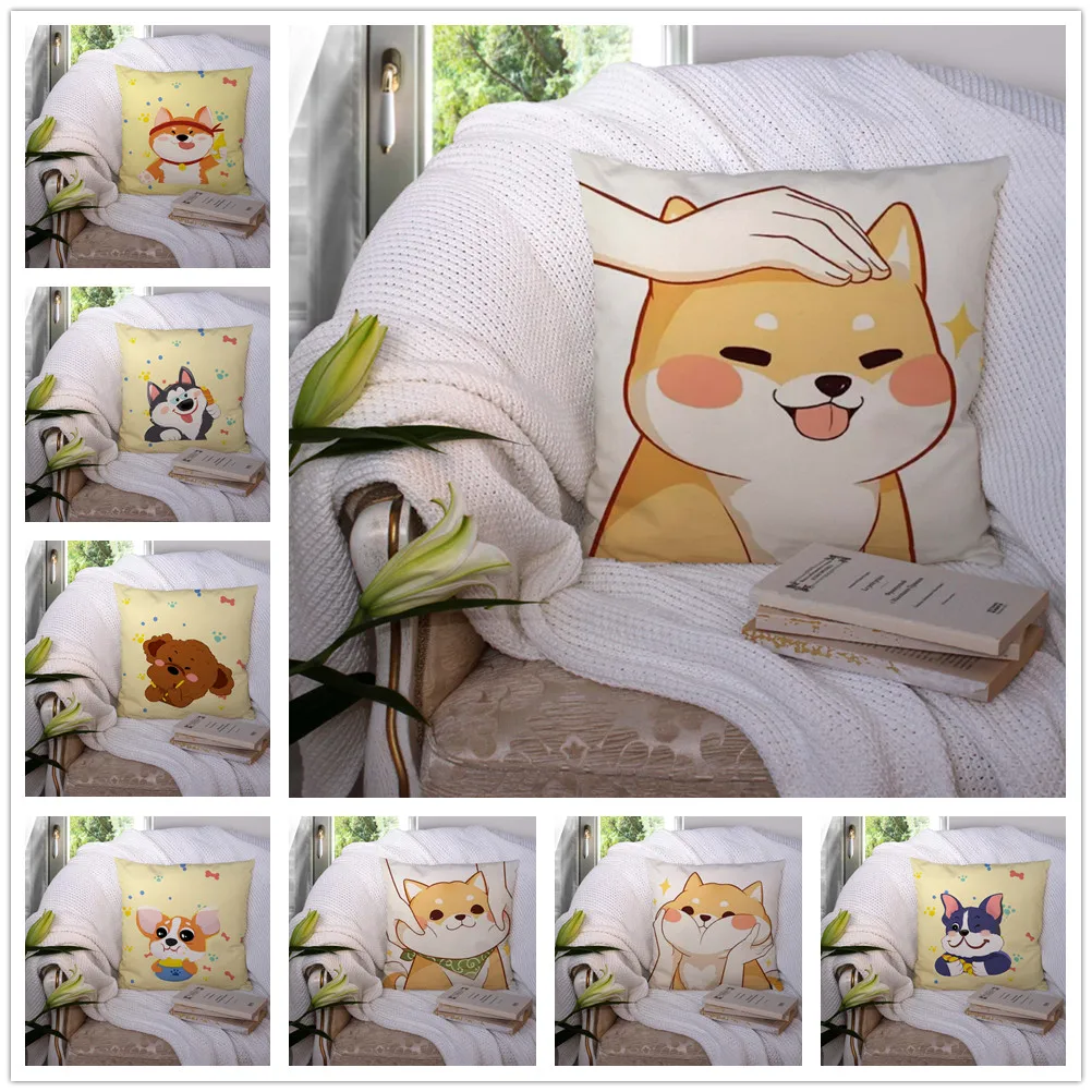 Shiba Dog head Puppy Cartoon Pattern Soft Short Plush Cushion Cover Pillowcase Home Sofa Car Decoration 45X45Cm | Дом и сад