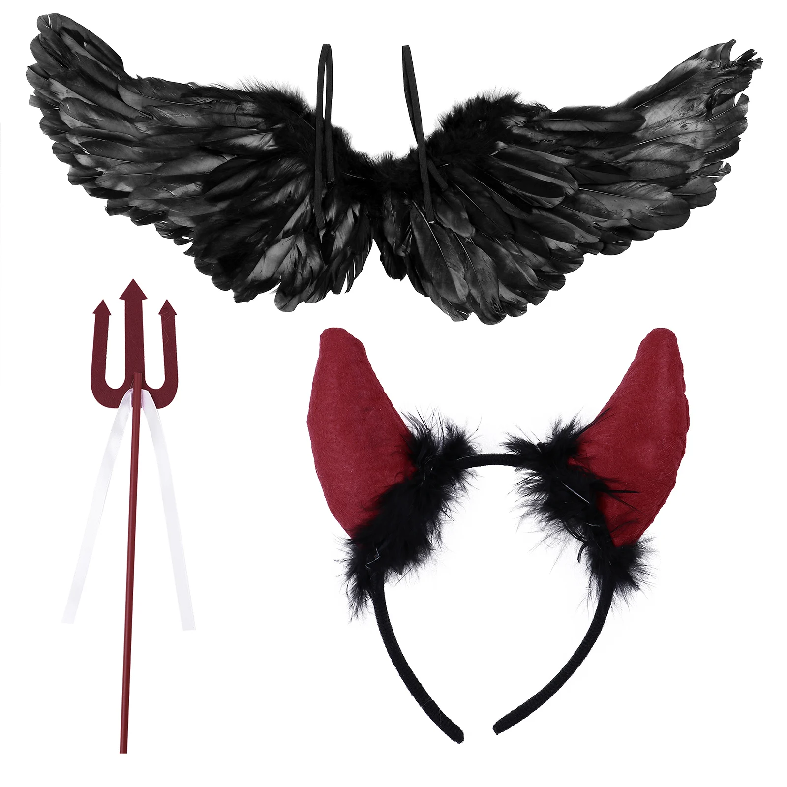 Kids Adult Christmas Halloween Cosplay Devil Costumes Black Feather Wing with Demon Horn Headband Trident Carnival Dress Up Prop | Дом и сад