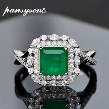 

PANSYSEN Vintage Jewelry Solid 925 Sterling Silver Rings Luxury Emerald Diamond Cocktail Ring for Women Anniversary Party Gift