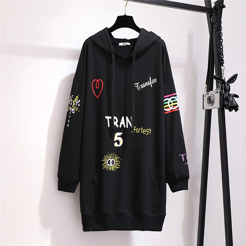 Sweatshirts Fashion Women Harajuku Pullovers Letters Tops Loose Green Black Long Hoodies Women Autumn Winter Coat Big Size 6XL