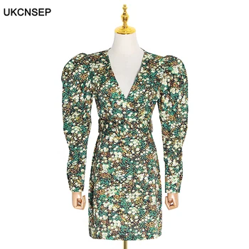 

E Casual Print Women Dress V Neck Puff Long Sleeve High Waist Mini Hit Color Dresses For Female Clothing Tide