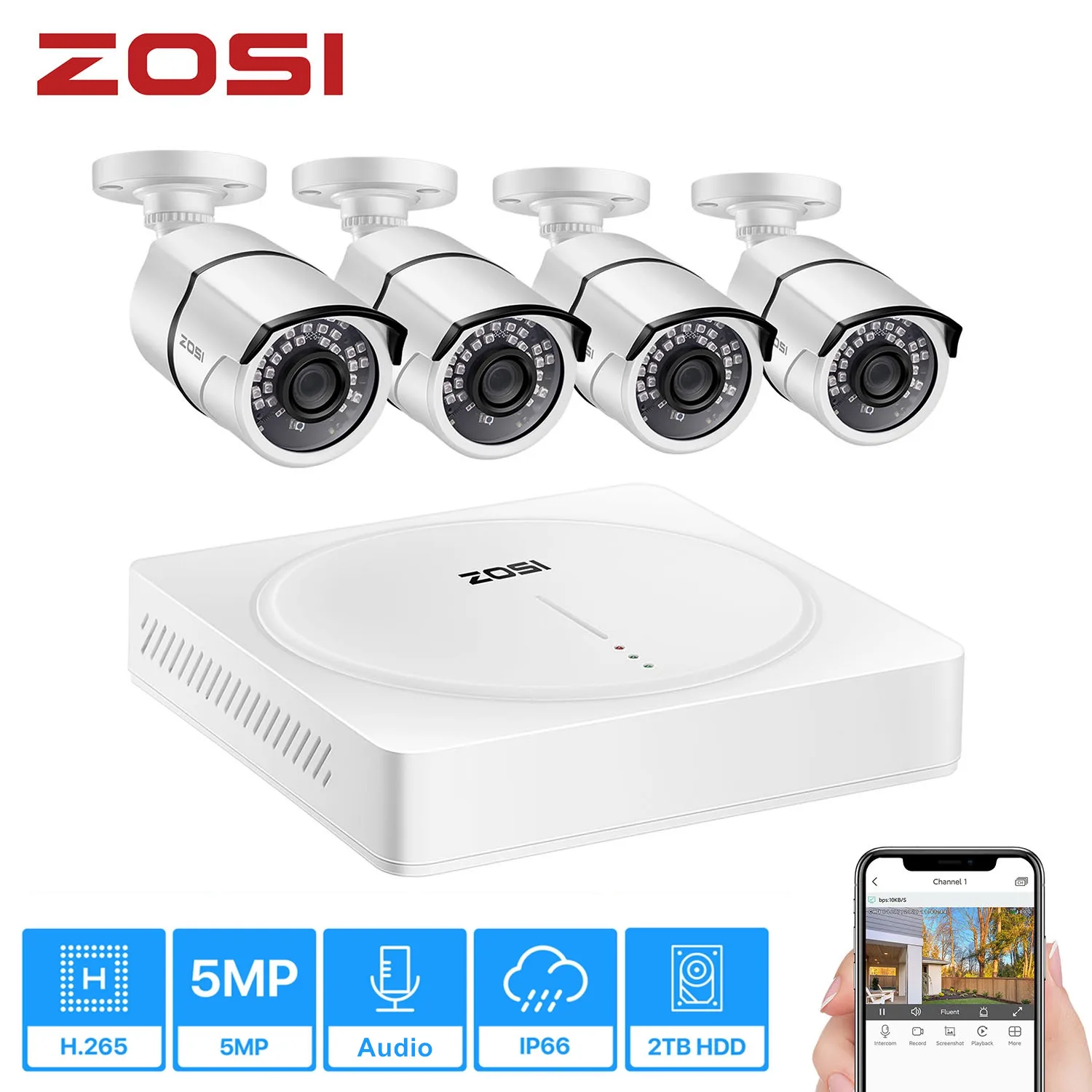 ZOSI 8CH H.265+ HD 5.0MP Security Camera System with 4 x 5MP HD Outdoor/ Indoor CCTV Camera Home VideoSurveillance Kit