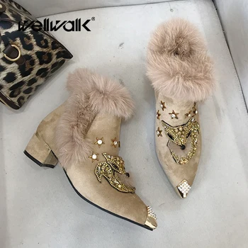 

Rhinestone Dress Boots Women Fur Winter Shoes Crystal Rivet Fox Design Pointed Toe Ladies Stylish Fashion Furry Chelsea Booties