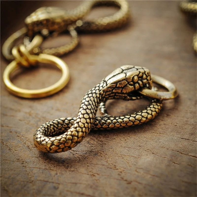 Vintage Pure Copper Zodiac Snake Keychain Pendant Brass Men Women Car Key Ring 
