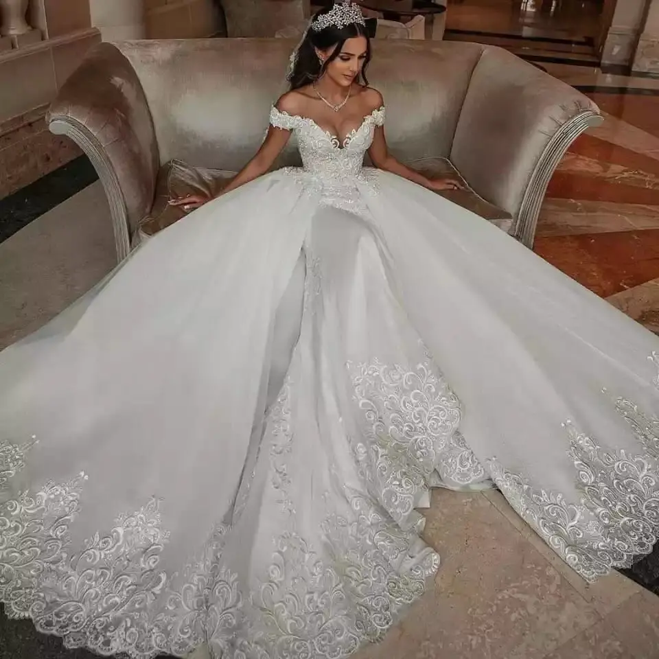 cheap wedding dresses Gorgeous Ball Gown Wedding Dresses Detachable Tail Vestido De Noiva V Neck Off The Shoulder Sparkling Beading Tulle Bridal Dress winter wedding dresses