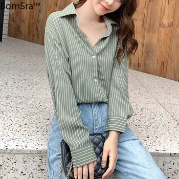 

BornSra New 2020 Women Summer Blouse Shirts Fashionable Striped Single Breasted Casual Vintage Elegant Loose Lady Tops