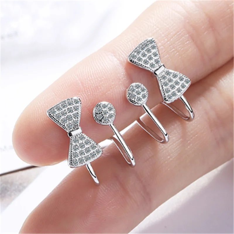 Japanese style simple personality temperament fashion crystal bow short paragraph 925 sterling silver ear clips IU012