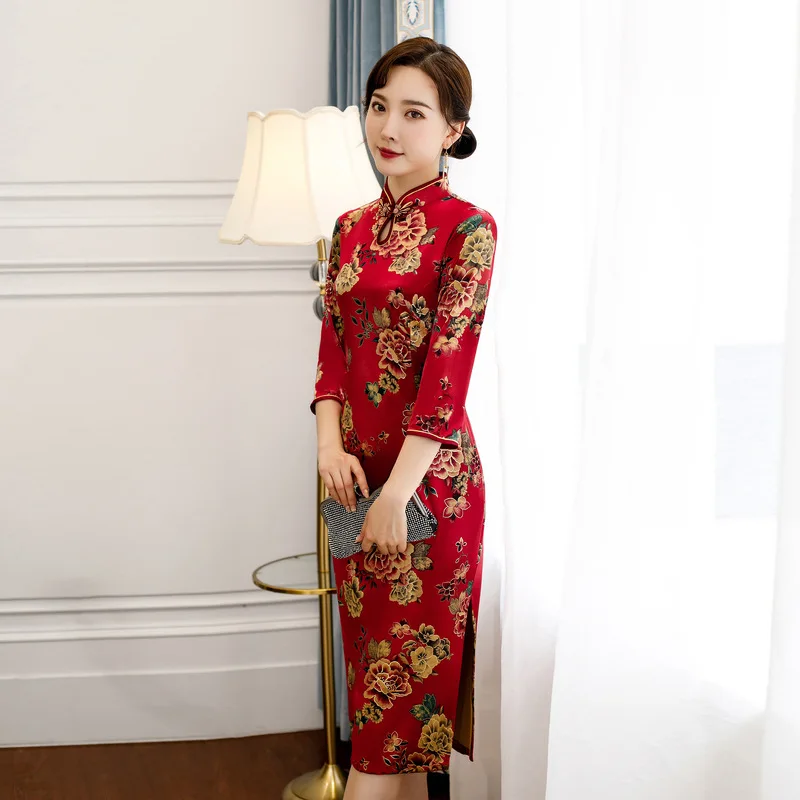 8305 Женское платье вечернее платье с принтом три четверти рукав cheongsam бархат vestidos китайское платье свадебное платье Размер M-4XL - Цвет: 8305