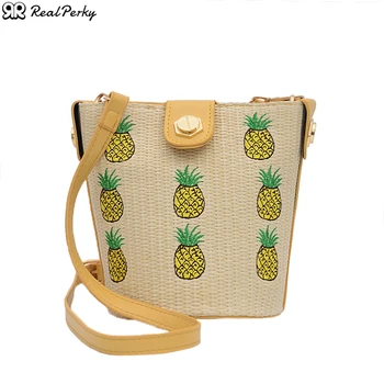 

Women Embroidery Bucket Straw Bags Female Sewing Thread Leather Beach Bags Handbags Ladies Summer Fashion Shoulder Messenger Bag