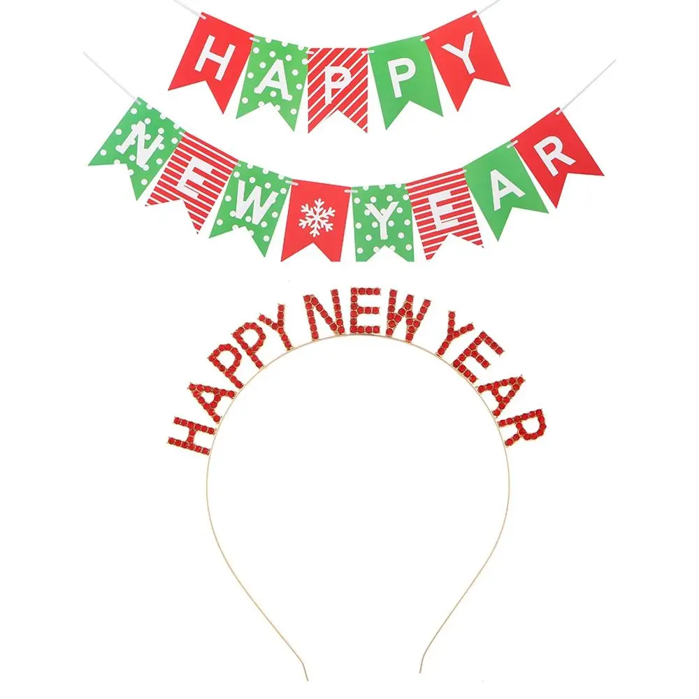 Dree Up New Year Headdress Alloy Letter HAPPY NEW YEAR Headband Rhinestone Crown Korean Style Hair Hoop Female Jewelry