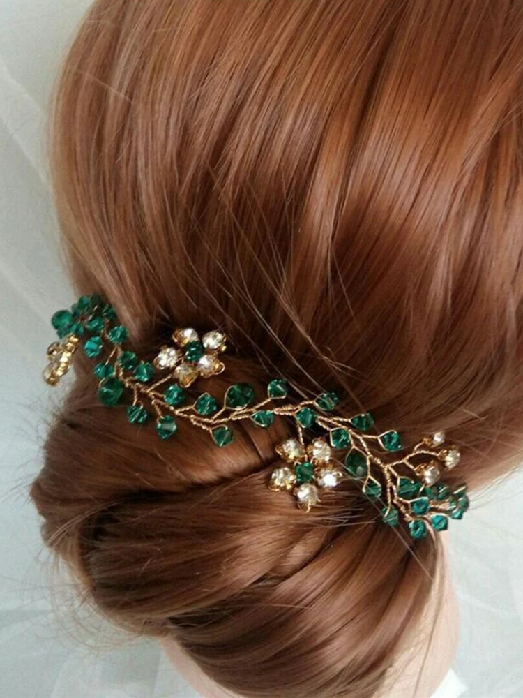 Golden Floral Hair Jewelry Ethnic Green Crystal Hair Accessories Shiny Rhinestone Headbands Wedding Bridal Fascinators