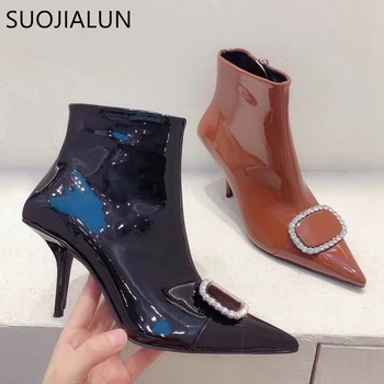 

SUOJIALUN New Brand Design Ankle Boots Fashion Patent Leather Pointed Toe Zipper Chelsea Boots Thin High Heel Short Boot Shoes