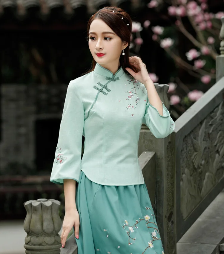 Зеленые хлопковые топы Qipao восточные Чонсам с коротким рукавом Hanfu рубашки винтажная блузка женская традиционная китайская одежда для