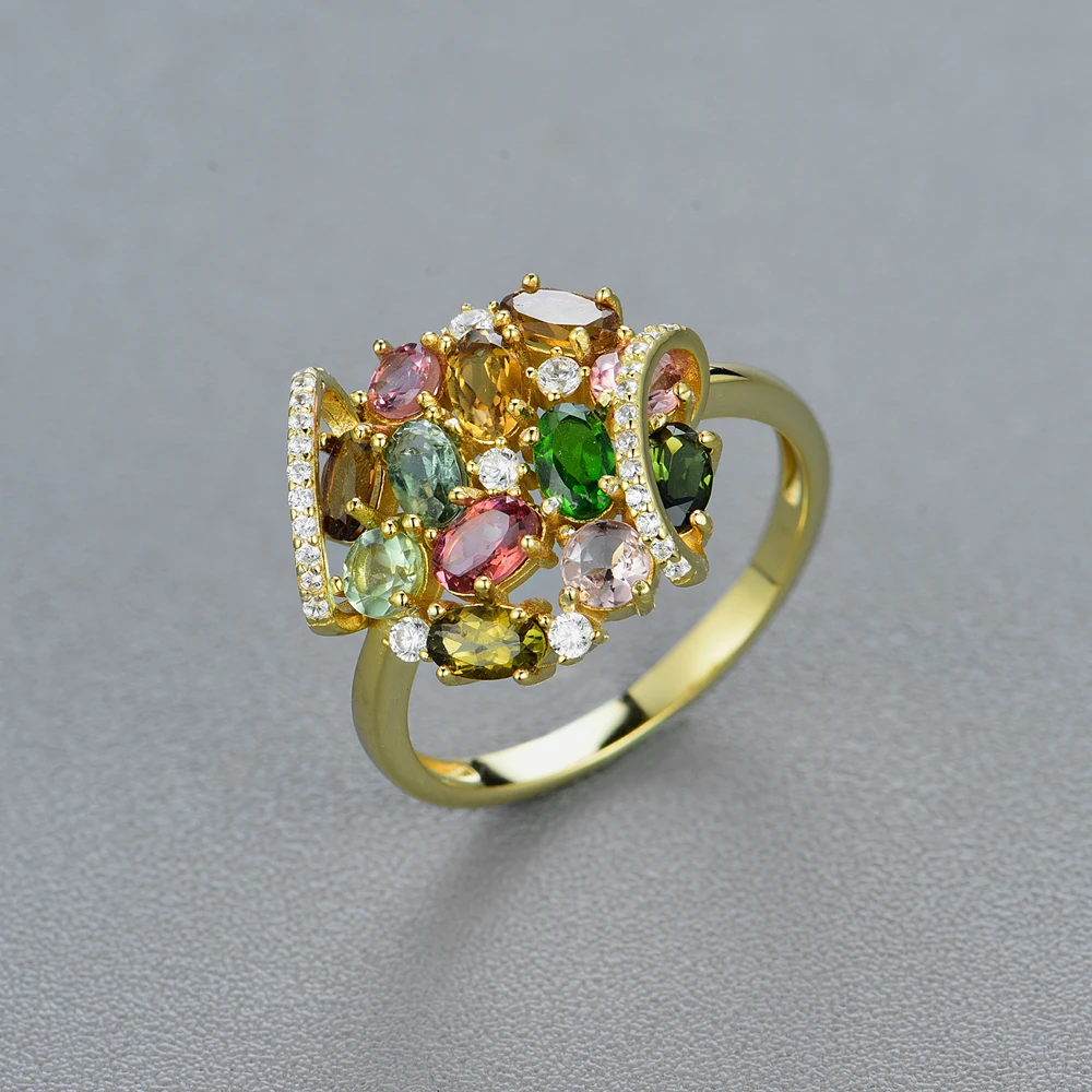 Многоцветное кольцо с турмалином, натуральный драгоценный камень, простой цветочный дизайн, Стерлинговое Серебро 925 пробы, модное ювелирное изделие для девочек, акция tbj