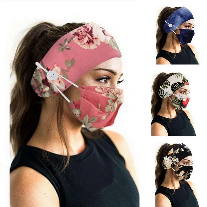 

2Pcs/set Unisex Head Band With Button Mask Turban Hair Accessories Soft Yoga Sport Elastic Hair Band Fashion Hair Band With Mask