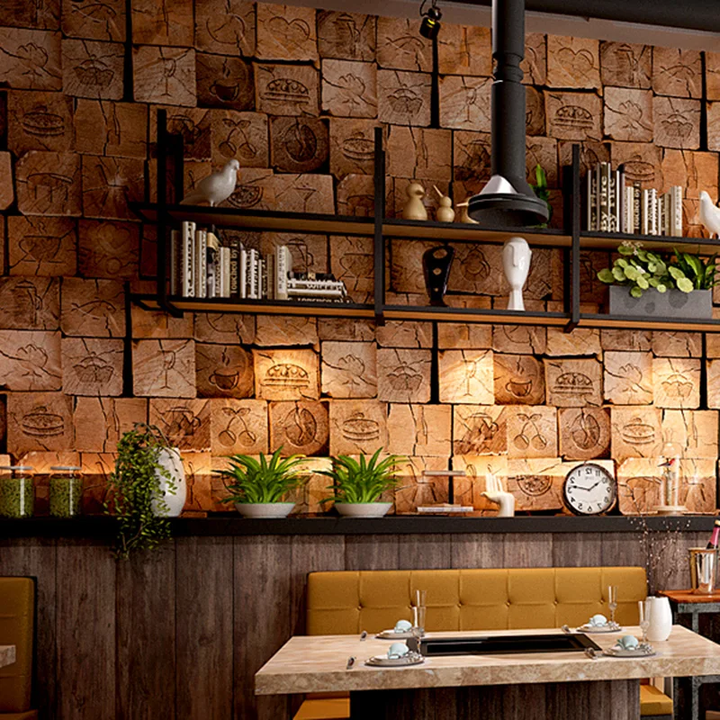 

3D Stereo Embossed Wood Fiber Wallpaper Creative Waterproof Thickened Vinyl Retro Wallpaper Cafe Restaurant Kitchen Room Decor
