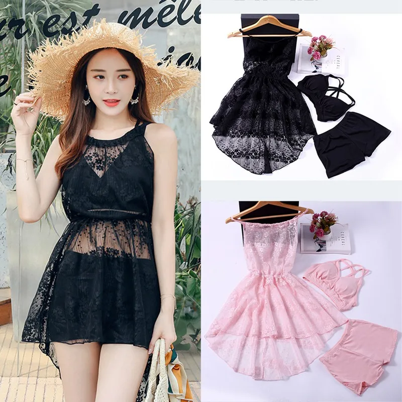 

2019 Summer New Bikini Beach Swimsuit Sweet Vacation Apparel Three-piece Gathered Bra + Perspective Mini Skirt + Bottom Pants