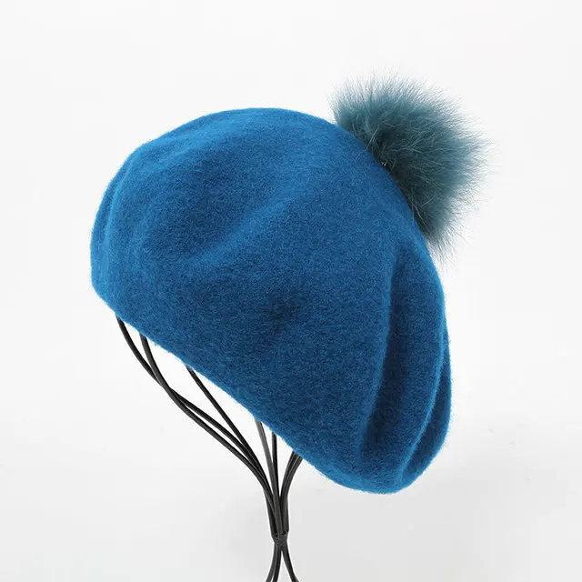 

202110-fensheng-fox pompon wool beautiful color lady beret hat women Leisure painter hat