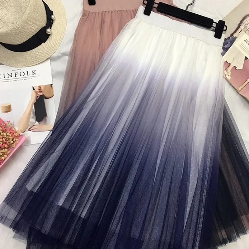Qiuxuan градиентная прозрачная длинная юбка из тюля Женская плиссированная юбка эластичная высокая талия весна лето сексуальные модные юбки миди для девочек