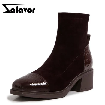 

ZALAVOR Women Ankle Boots Thick Heel Slip On Shoes Square Toe Winter Warm Boots Women Fashion Daily Footwear Size 35-39