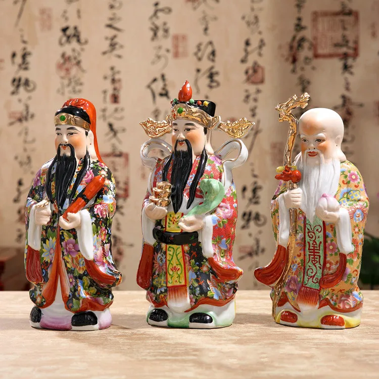 The Three Gods of Fortune Statue Chinese Color Handmade Decals Samsung Ceramic Ornaments Painted Sculpture Three-piece Suit