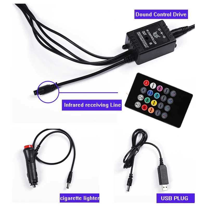 Car Interior Light RGB LED Decorative Light Strip With USB Wireless Remote Music Control Multiple Modes Car Foot Light