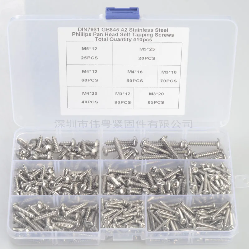 Free shipping 410 pcs 304 stainless steel m3 /4/5 cross countersunk flat head self tapping screw sets