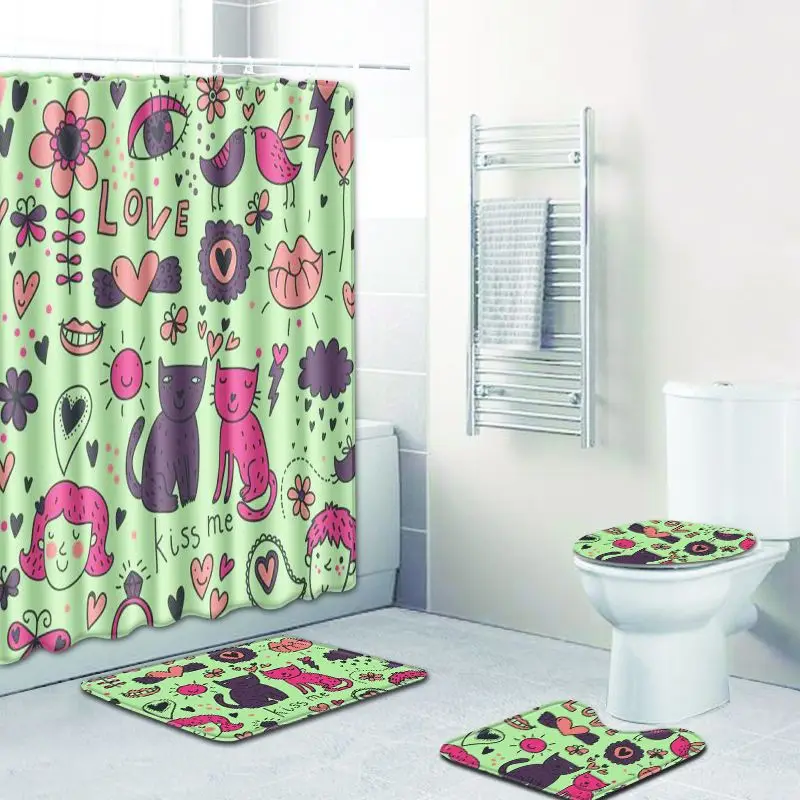 

Nodic Simple Animal Cat Print Shower Curtain Bathroom Fabric Polyester Waterproof Thick Modern Toilet Seat Cover Bath Mat